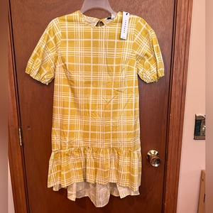 New TOPSHOP Womens Short Yellow Poplin Check Dress Puff Sleeve Open Back Size 4P